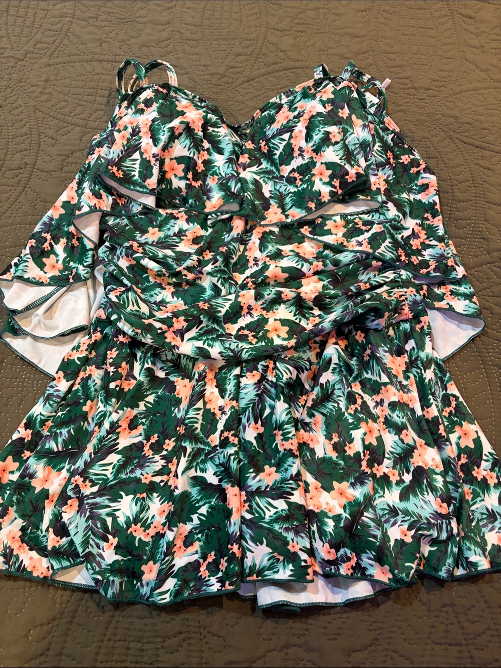 Green & Peach Floral Skirted One-Piece Swimsuit